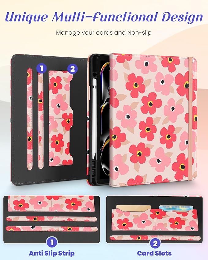 Kidcube for iPad Pro 13 Inch Case M4 2024 - Women Girls Cute Rotating Stand Folio Cover with Pencil Holder & Card Slot Kawaii Floral Flower Design for iPad Pro 13 Inch Case 2024 (A2925 A2926 A3007)
