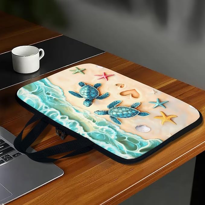 Sea Turtle Laptop Bag 10 Inch Computer Sleeve for Women Men Beach Starfish Padded Notebook Carrying Case with Handle Laptop Cover, Blue