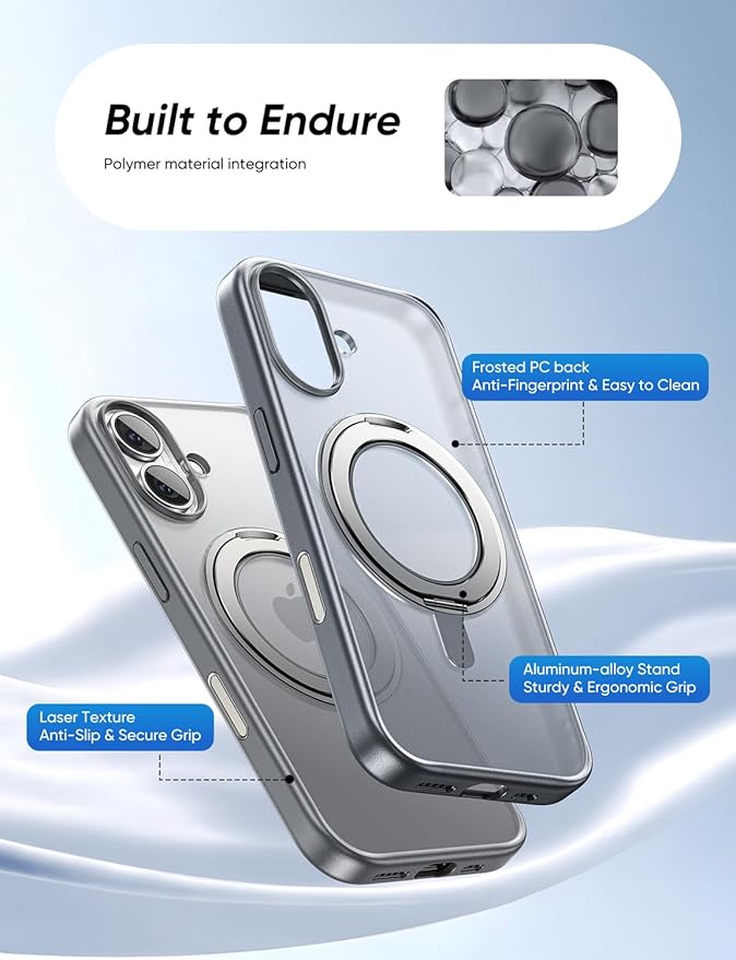 MAGIC JOHN 360° Rotatable Magnetic Invisible Stand for iPhone 17 Case [Camera Control Button] [Compatible with MagSafe] 16FT Shockof for iPhone 17 Case with Kickstand, Gray