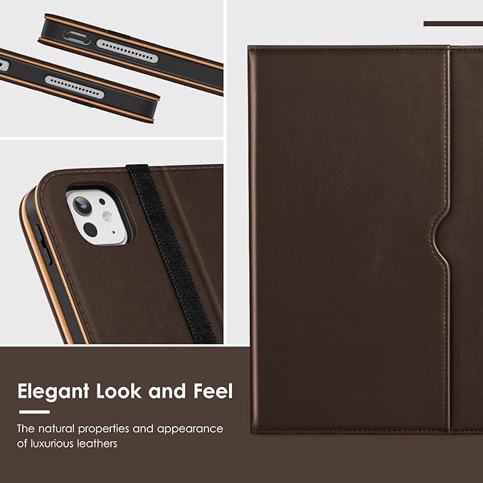 VIKESI Case for iPad Pro 13-inch M5 or M4 Released in 2025 or 2024, Leather Stand Cover with Apple Pencil Holder, Auto Wake/Sleep, Multiple Viewing Angles, Built in Hand Strap & Pocket,Dark Brown