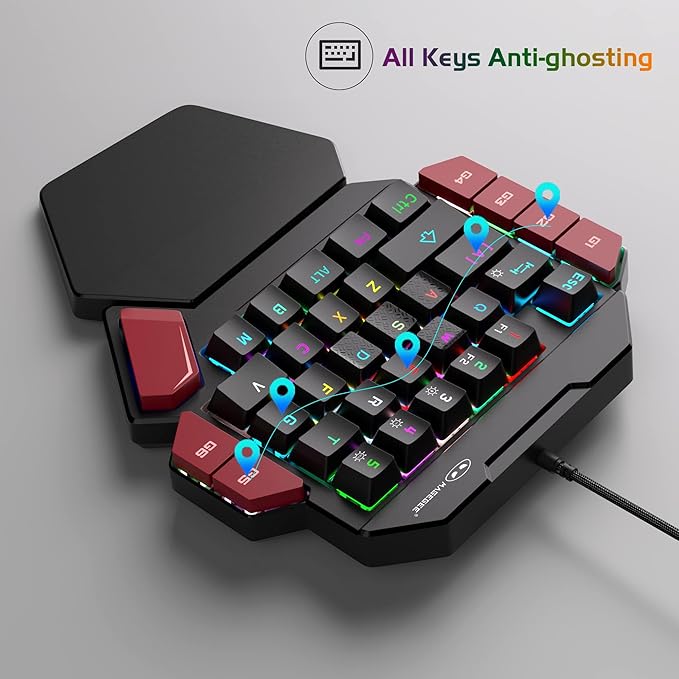 MageGee One Handed Professional Gaming Keyboard, RGB Backlit 35 Keys Mini Wired Mechanical Keyboard with Red Switch for PC Gamer, Support 6 Macro Keys - Black/Red