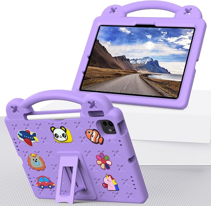 for Apple iPad Air 11 inch Kids Case M3/M2 (2025/2024) Slim Stand Cover with Pencil Holder/Handle/Kickstand Cute DIY Lightweight Cute Soft EVA Foam Shockproof Tablet Cover, Light Purple Bear