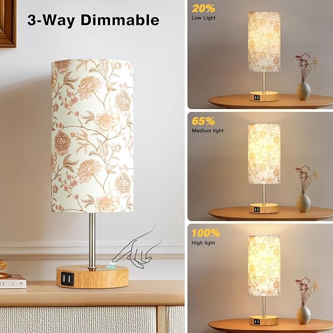 CINSARY Bedside Touch Lamp with Flower Fabric Shade, 3 Way Dimmable Wood Bedroom Lamp for Nightstand with 2 USB Charging Ports, Small Table Lamp for Living Room Reading Desk (LED Bulb Included)