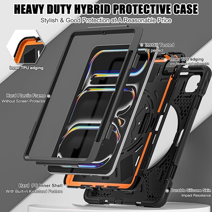 Batianda Case for New iPad Pro 11-inch 2025 M5 2024 M4 Chip Heavy Duty Rugged Durability Silicone Tablet Cover with 360° Rotating Hand Strap Foldable Hidden Stand & Shoulder Strap, Black