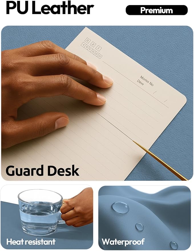 YSAGi Leather Desk Protector, Office Mat, Large Mouse Mat, Non-Slip PU Leather Blotter, Laptop Desk Pad, Waterproof Writing Pad for Office and Home (Blue, 35.4" x 17")