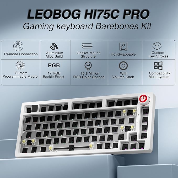 LEOBOG Hi75C Pro Wireless Mechanical Keyboard Kit – Aluminum Alloy Gasket Mount 75% Barebones DIY Base with Hot Swap, RGB Backlighting & Volume Knob – Enhanced Custom Gaming Keyboard Build, 4000mAh