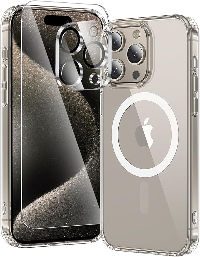 toushion 3 in 1 for iPhone 15 Pro Case Clear with MagSafe, Not Yellowing, Screen Protector*1 Camera Lens Protector*1, Military-Grade Protection for iPhone 15 Pro Phone Case 6.1 inch Clear