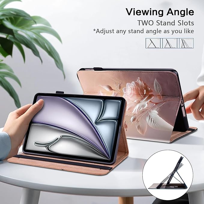 Case for iPad Pro 13 Inch (M5/M4) 2025/2024, PU Leather Tablet Cases Flip Folio Multi-Angle Viewing Stand Protective Cover with Card Slots - Ceramic Roses