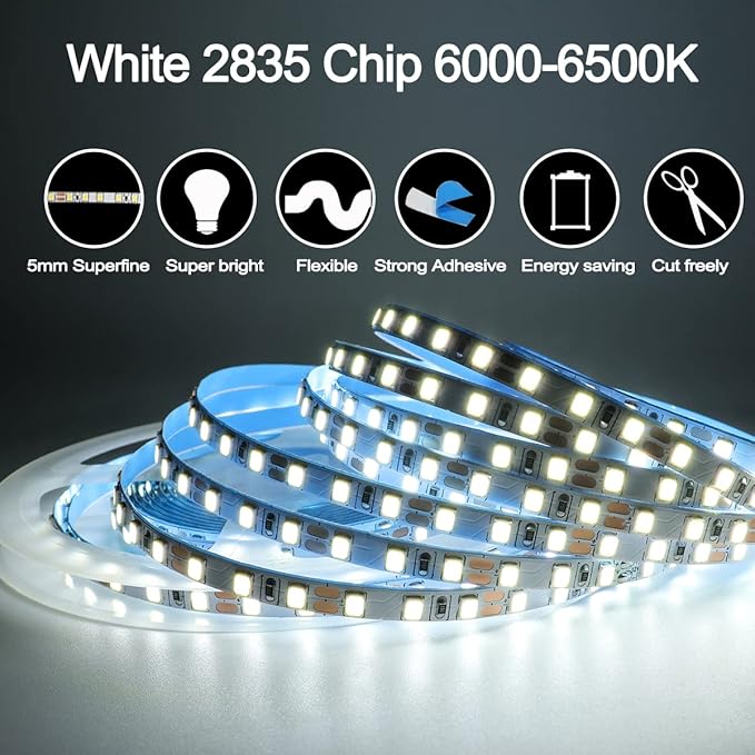 12V LED Strip Lights, 5mm Wide Ultra Narrow White 6000K 16.4ft SMD 2835 IP20 120 LEDs/M, Total 600 LEDs Rope Light Strip for Bedroom, Kitchen, Advertising Decoration