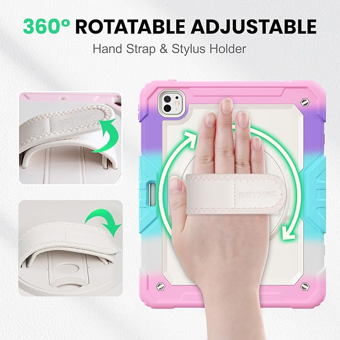 SEYMAC Case for iPad Pro 13 Inch M5 2025 / M4 2024, Heavy Duty Shockproof Protective Case with Screen Protector, 360° Rotating Stand, Hand/Shoulder Strap and Pen Holder, Colorful/Pink