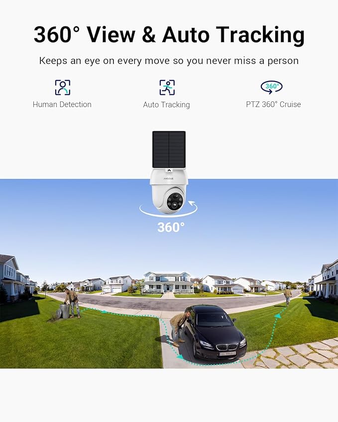 ANSQUE Security Cameras Wireless Outdoor Home System, 6 Camera Kit, No Subscription Fees, Solar Powered, Local Storage, 365-Day Battery Life, 360°PTZ Surveillance, Auto Tracking, 2K Color Night Vision