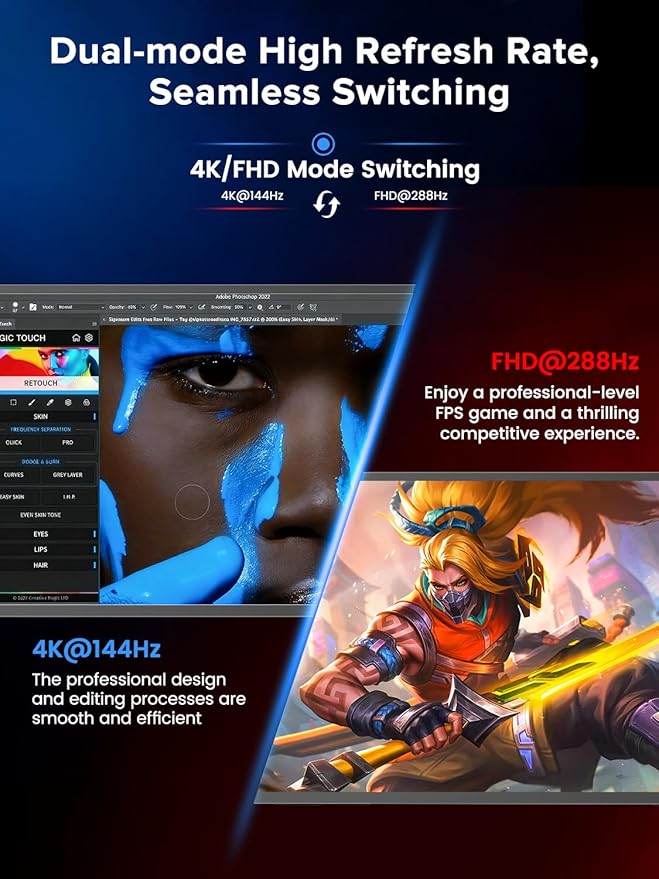UPERFECT Portable Monitor 27”, Dual Mode 4K UHD 144Hz/FHD 288Hz Gaming Monitor, 0.1ms FreeSync, 600 Nits, 125% sRGB, USB-C & HDMI 2.1 & DP 1.4, Large Second Screen for Laptop, Computer, Game Consoles
