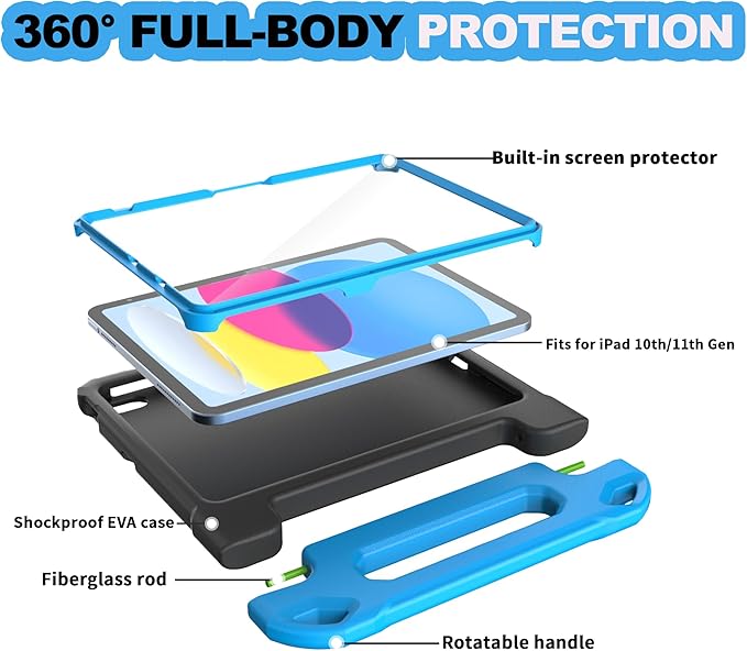 YIHE Kids Case for iPad (A16) 11th Generation 11 Inch 2025 & iPad 10th Generation 10.9 inch 2022, with Built-in Screen Protector and Handle Stand, Full Body Shockproof Protective Cover, BlackBlue