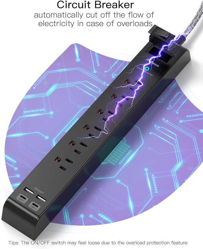 2 Pack Surge Protector Power Strip, Slim Flat Plug, Braided Extension Cord, 5-Foot, 900 Joules, 6 Outlets 4 USB Ports, Wall Mount for Home Office Dorm