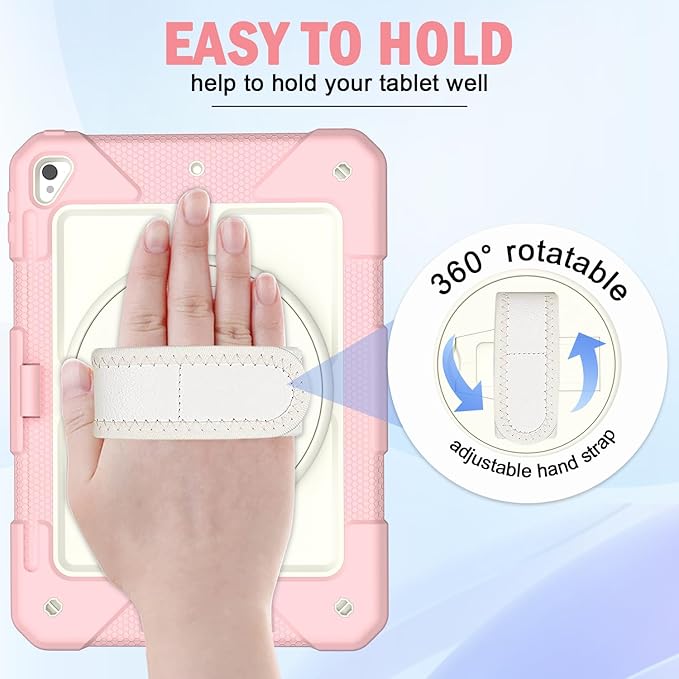 BMOUO Case for iPad 6th/5th Generation Case (9.7 inch, 2018/2017), 360°Rotating Stand, Hand/Shoulder Strap Shockproof iPad 9.7” Case for iPad Air 2, Pink