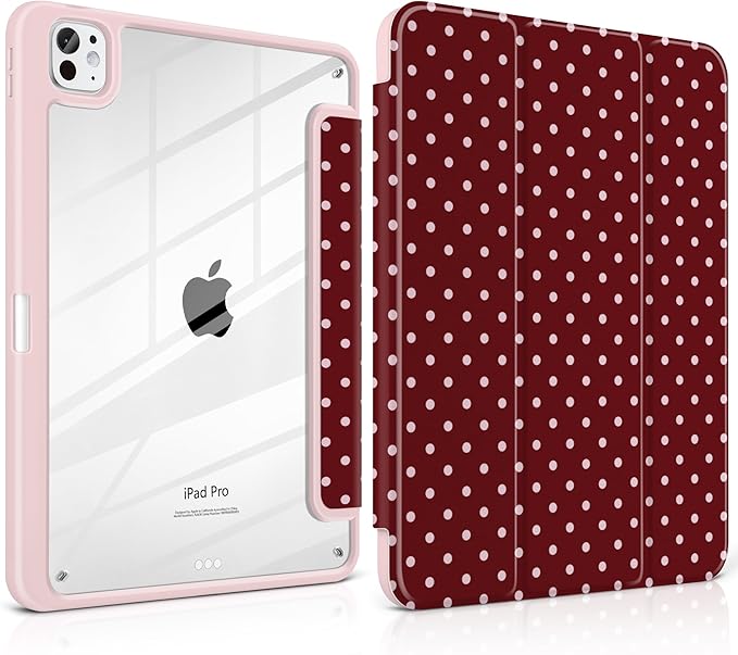 TWOLSKOO Case for iPad Pro 11-inch (M5 2025 / M4 2024), Clear Acrylic Back with TPU Bumper, Pencil Holder, Trifold Stand, Auto Sleep/Wake, Red Polka Dot