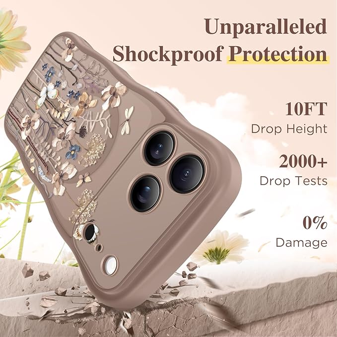 GVIEWIN for iPhone 17 Pro Max Case Compatible with MagSafe [Curly Wave Edge][Full Camera Protection] Floral Translucent Shockproof Magnetic Women Phone Case for 17 Pro Max, Autumnflit/Brown