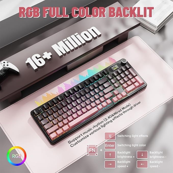 ATTACK SHARK X98PRO Wireless Mechanical Keyboard,Multi-Function Knob&TFT Screen,Tri-Mode BT/2.4GHz/USB-C Keyboard,Hot-Swappable RGB Backlit,4000mAh 98 Keys,Cloud Drive,for Win/Mac/Linux-BlackBerry