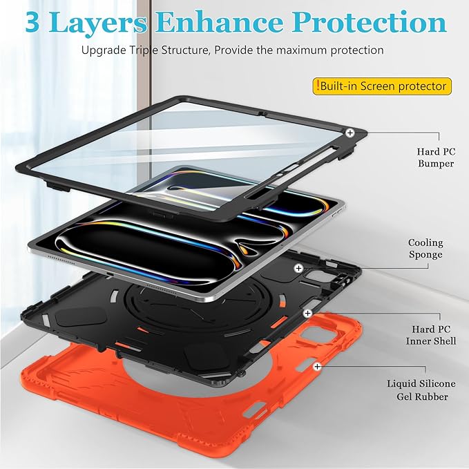 Case for iPad Pro 13 Inch M5 2025/ M4 2024: Military Grade Cover for iPad Pro 13" with Screen Protector - Stand - Handle - Shoulder Strap - Pencil Holder- Orange