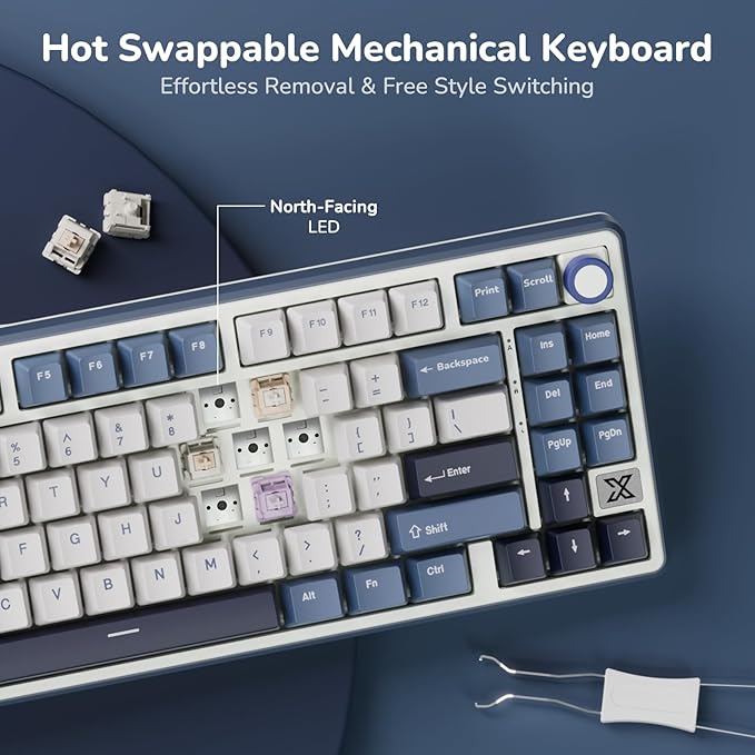 RK ROYAL KLUDGE X87 Gasket Mechanical Keyboard, 75% Wireless Gaming Keyboard with Touchable X-Plate & Volume Knob, Bluetooth/2.4GHz/Wired, Hot Swappable RGB Backlit (Blue, Tactile Beige Switch)