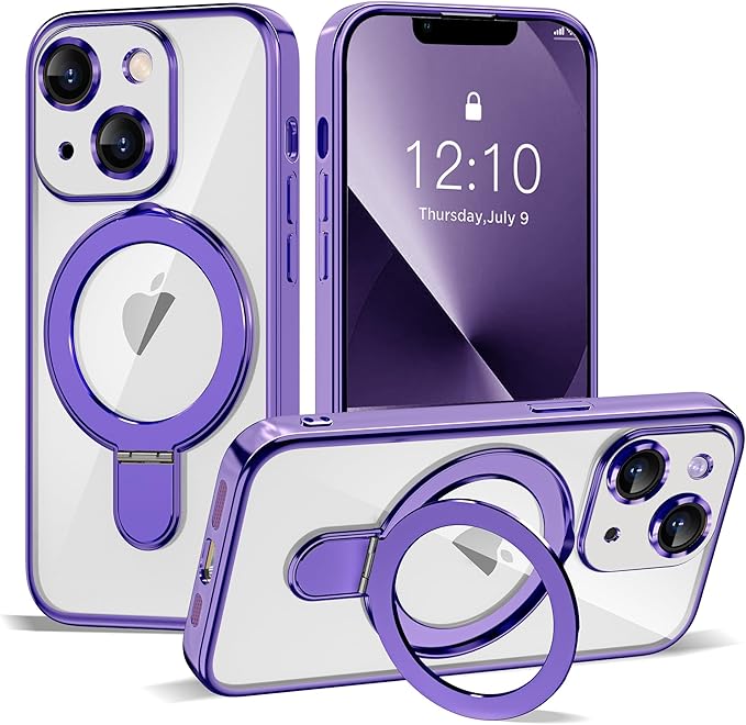 Compatible with iPhone 13 Case with Invisible Magnetic Ring Stand [Compatible with Mag-Safe] [Full Camera Lens Protector] Plating Clear Phone Case for iPhone 13 6.1", Purple