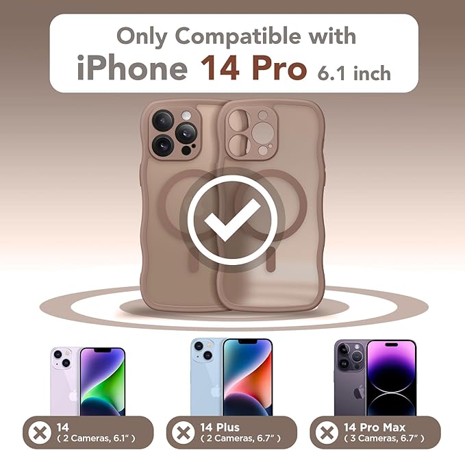 CAPRARO Cute for iPhone 14 Pro Case, Compatible with MagSafe, [Curly Wave Edge] [Full Camera Protection] [14 FT Drop Protection] Magnetic Phone Case for 14 Pro 6.1 Inch, Brown