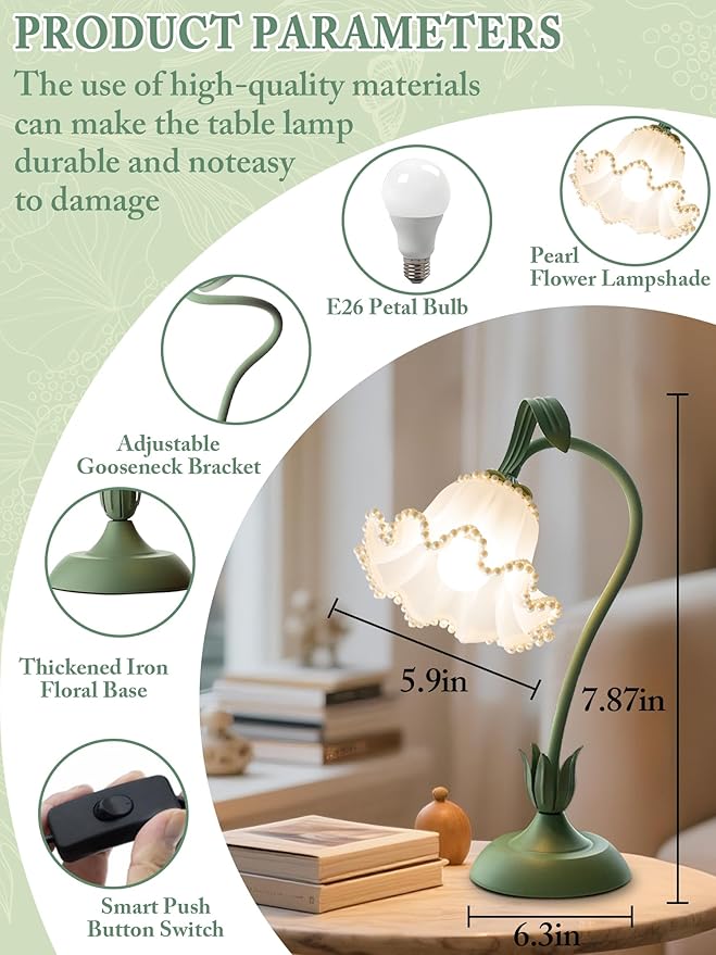 AQDZCNF Flower Table Lamp,LED Reading Light Bedside Vintage Flower Night Light,3 Colors Modes Kawaii Bedside Lamps Decor,Living Room Bedroom Room Lighting Table Lamps Home Decoration (Green Pearls)
