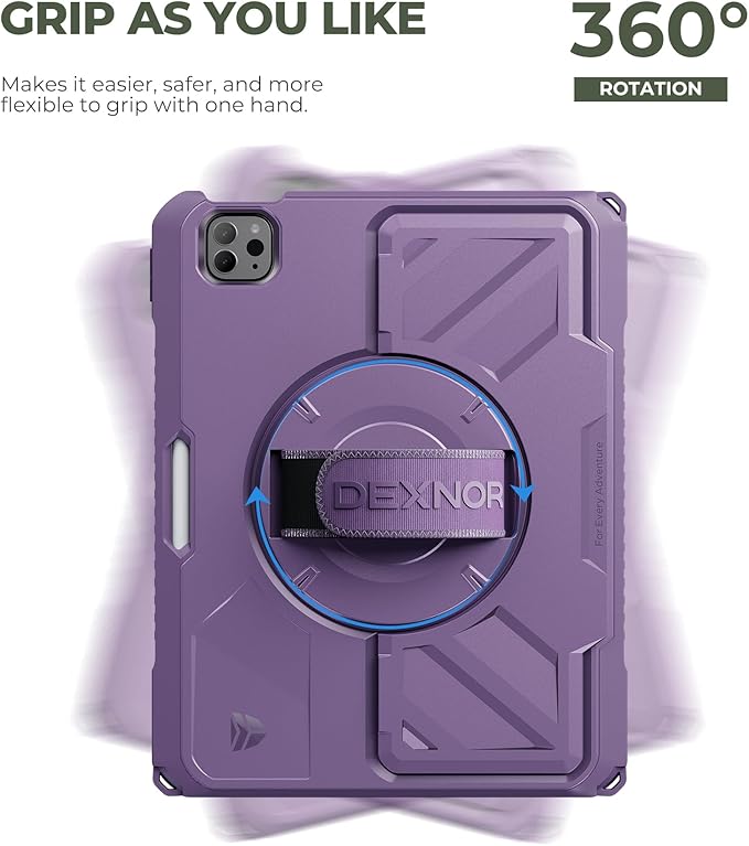 Dexnor Case for iPad Pro 11 inch 4th/3rd/2nd/1st Gen (2022/2021/2020/2018),Rugged Protective Case with 360° Rotating Hand Strap & Stand & Screen Protector&Pencil Holder Shockproof Bumper Cover,Purple