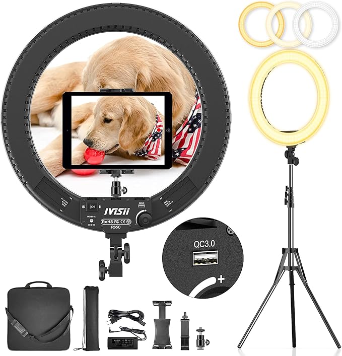 18 inch Ring Light with Stand,60W Bi-Color 3000-5800K Professional Ring Lights with Tripod for Makeup Vlog, Tattoo Large Ring Light for Phone Camera Tablet