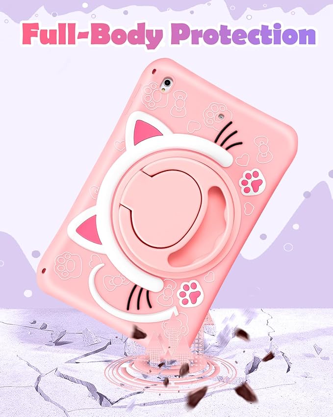 Wazzasoft for iPad Air 3rd Generation Case, Pro 10.5” Case Girls Cute Cat Kawaii Cover Girly 3D Cartoon with Rotating Handle Stand & Strap Soft Silicone Funda for Apple iPad Air 3, Pro 10.5 Cases