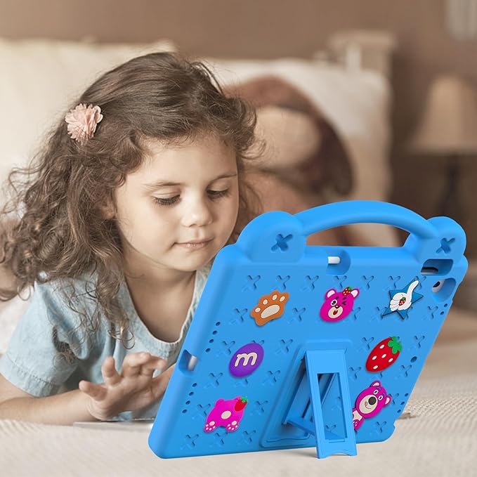 For iPad 9th Generation Case for Kids,iPad 8th 7th Gen Case, Shoulder Strap Shockproof Cute DIY Figures Design Handle Stand Protective Rugged Case for Apple iPad 9th 8th 7th Gen 2021/2020/2019,Skyblue