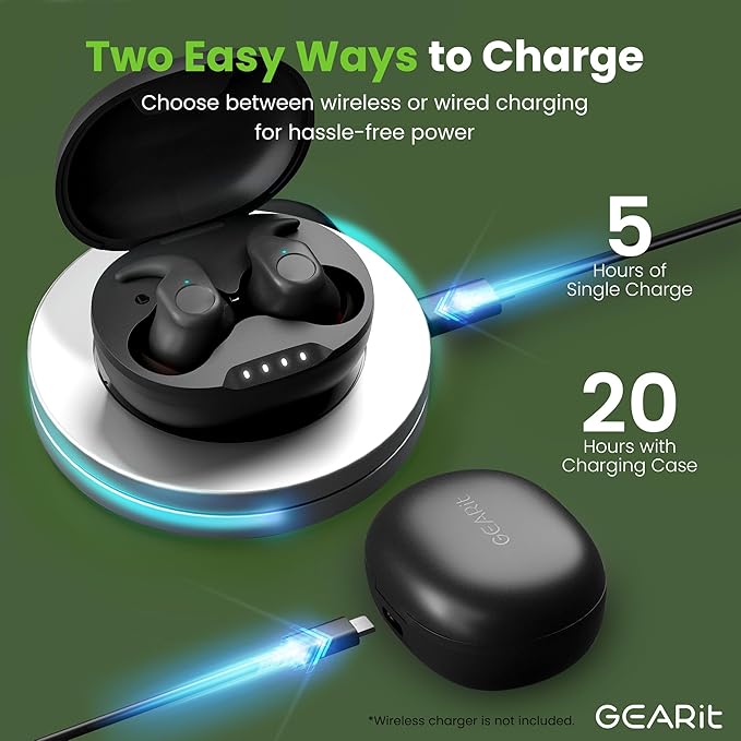 GEARit True Wireless Earbuds Compatible with iPhone & Android - 20H Playtime - HD Sound Clarity - IPX5 Water-Resistant & Sweatproof - Secure All-Day Fit Workout Ear Buds - Wireless Bluetooth Earbuds