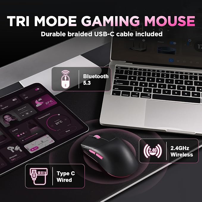 Zero 1 Pro Gaming Mouse,55g Ultralight Wireless Mouse, PAW3311 12K DPI, Tri-Mode 2.4G/Bluetooth/USB-C,Programmable Ergonomic Design,for Laptop/PC/Mac(Black & Pink)