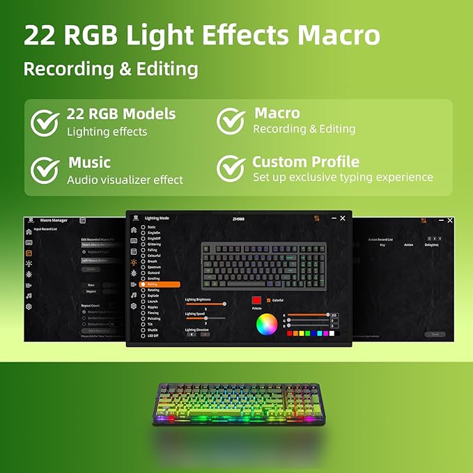 ZORNHER ZH980 Mechanical Keyboard Wireless,95% Green Creamy Keyboard with Number Pad,Gaming Keyboard with Number Pad,Lighted Up PBT Dipped Keycaps,Creamy Sounding Linear Switches