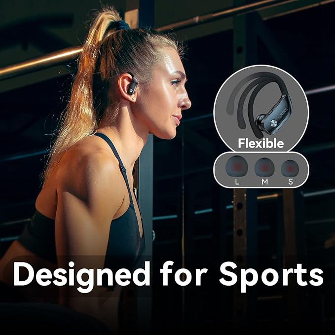 bmani Ear Buds Wireless Earbuds Bluetooth Headphones with 80H Playtime LED Display Case, Over-Ear Hook with Mic, Stereo Sound, Easy Button Controls, Sports Earphones for Running Workout Gym Black