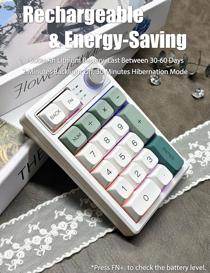 Gasket Creamy Mechanical Numpad Programmable Macro Keypad Wireless 2.4G/Bluetooth 5.0/Wired USB-C RGB Backlit Hot Swappable Number Pad Rechargeable Numeric Keyboard Metal Knob, Botanic Garden