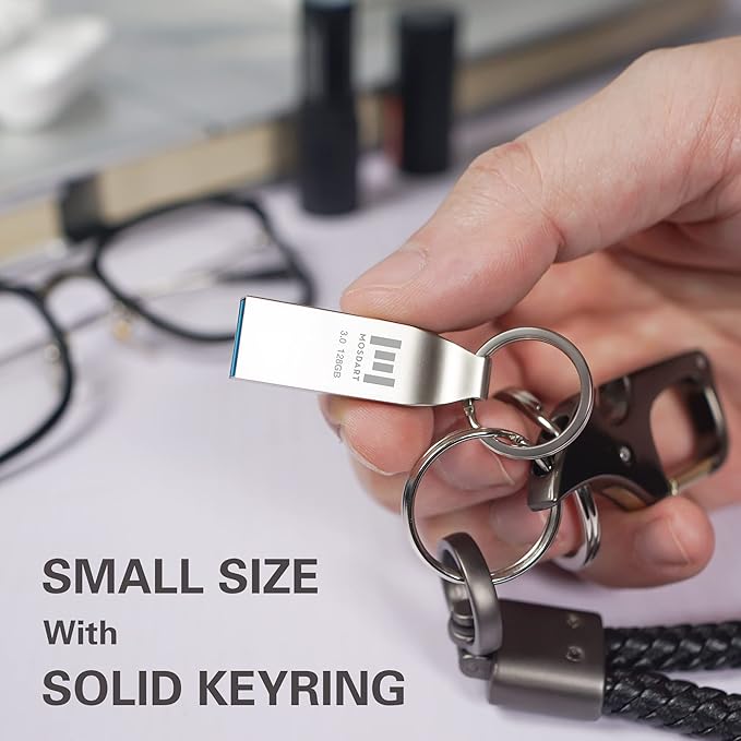 MOSDART 128GB Waterproof USB3.0 Flash Drive, Speed Up to 90MB/S, exFAT Metal Memory Stick with Keychain, for System Back, Data Storage, Silver