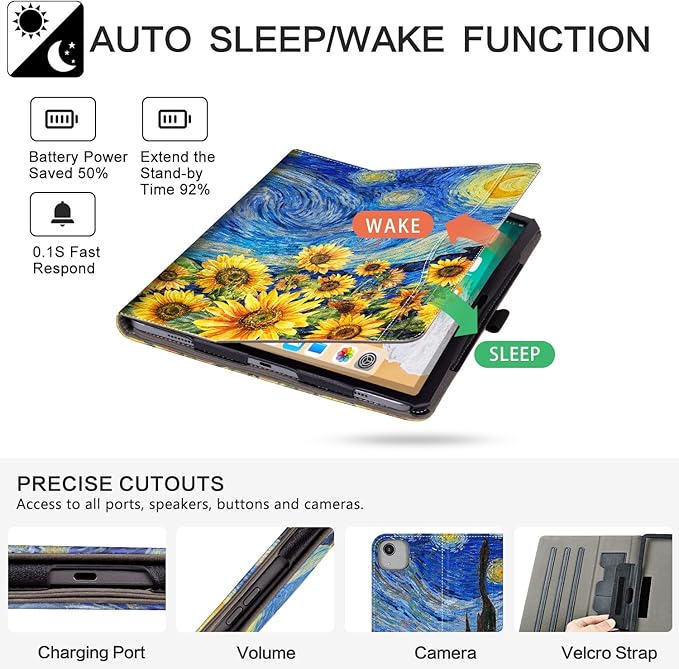 for iPad Air 13 inch Case (M4/M3/M2), iPad Pro 12.9 Case, iPad Pro 13-Inch Case (M5/M4) Shockproof Pencil Holder Adjustable Stand/Pocket/Magnetic Closure/Auto Wake Sleep Starry Night Sunflowers