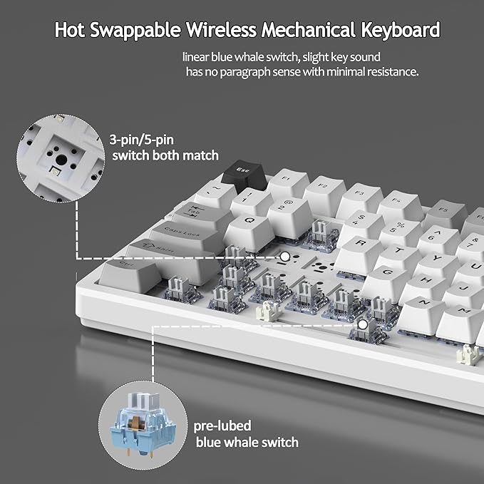 MageGee LIGHT87 Wireless Creamy Keyboard, Gasket Structure Hot Swappable Mechanical Keyboards, 2.4G/USB-C/BT5.0 RGB Backlit Gaming Keyboard for Win/Mac/PC, 8000mAh Battery, PBT Keycaps, Grey