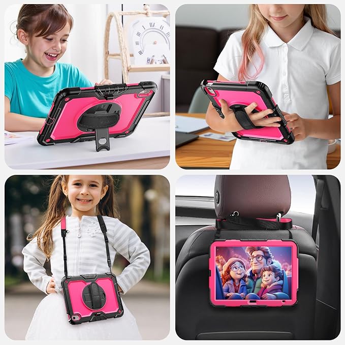 SEYMAC Case for iPad (A16) 11th/10th Generation 2025/2022 (11″/10.9″), Sturdy Heavy Duty Full-Body Shockproof Protective Case with Screen Protector, Rotating Stand, Hand/Shoulder Strap, Pink