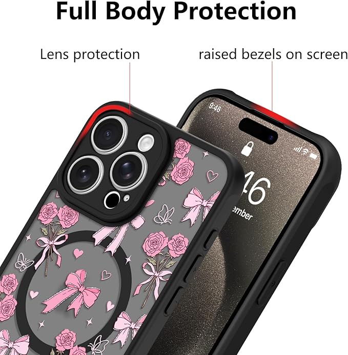 KANGHAR Case Compatible with iPhone 15 Pro Bows Bouquet Pattern [Compatible with Magsafe] Cute Flowers Florals Protective Magnetic Case for Girls Women Men