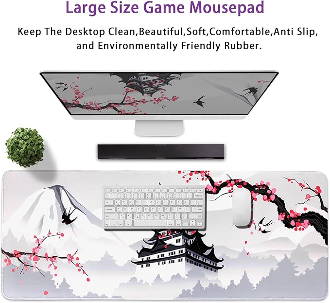 Japanese Cherry Blossom Gaming Mouse Pad 31.5x11.8in Pink Full Desk Japanese Sakura Gaming Mouse Pad Large Non-Slip Rubber Base Waterproof Big Keyboard Mat with Stitched Edges for Game Office