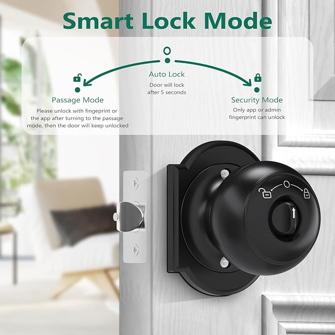 GeekTale Fingerprint Door Lock for Bedrooms, Fingerprint Door Knob with Lock, Smart Door Lock, App Control, Back-up Keys, Thumbprint Door Knob for Bedrooms, Office, Apartment