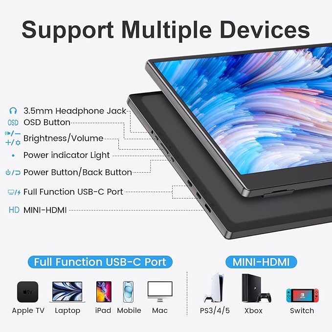UFYQL Portable Monitor 15.6-inch FHD 1080P Ultra-Slim Travel External Monitor HDR IPS Gaming Display with Kickstand &Speakers USB-C HDMI Plug&Play，for Laptop PC Phone PS4/5 Xbox Switch