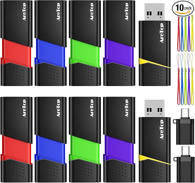 AreTop 16GB Flash Drive 10 Pack with Type C Adapter, Retractable USB 2.0 Thumb Drive for Date Storage, Multicolor USB Drive with LED Indicator Lanyard, 16GB 10 Pack (Red, Green, Blue, Purple, Yellow)