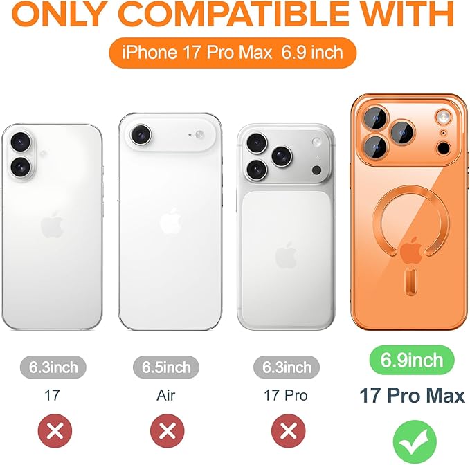 Hython Magnetic Clear for iPhone 17 Pro Max Case with Camera Lens Protector [Compatible with MagSafe] Plating Edge Slim Soft TPU Cover Protective Phone Case for iPhone 17 Pro Max 6.9", Matte Orange