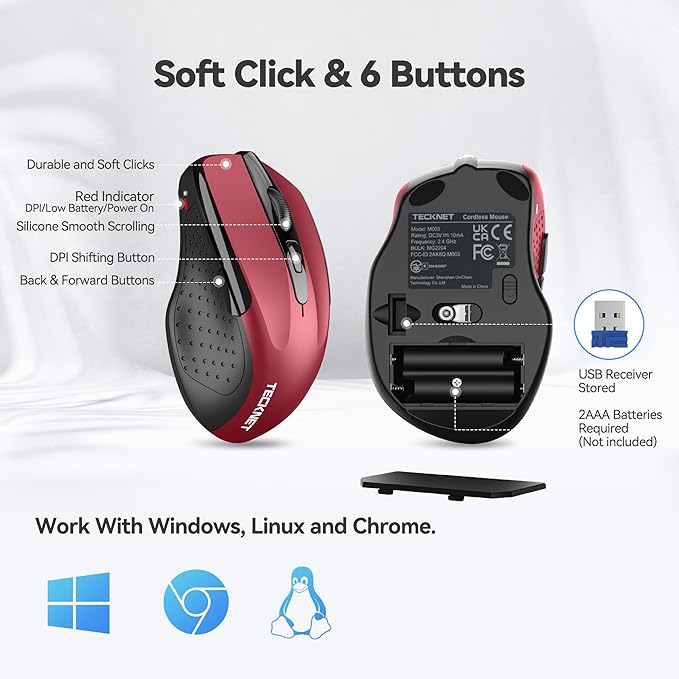 TECKNET Wireless Mouse, 2.4G Ergonomic Optical Mouse, Computer Mouse for Laptop, PC, Computer, Chromebook, Notebook, 6 Buttons, 24 Months Battery Life, 2600 DPI, 5 Adjustment Levels - Red