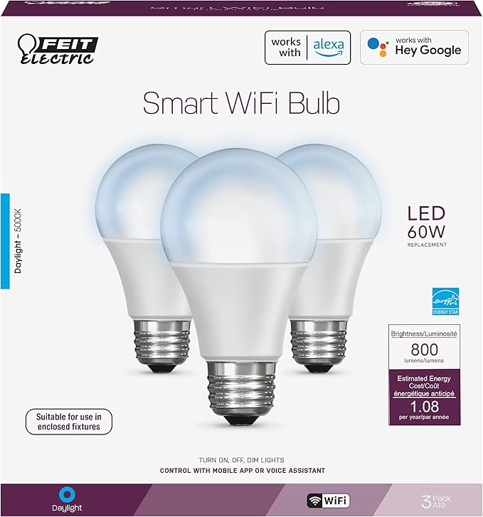 Feit Electric OM60/950CA/AG/3 60 Watt Equivalent WiFi Dimmable, No Hub Required, Alexa or Google Assistant A19 LED Smart Light Bulbs, 4.4" H x 2.4" D, 5000K Daylight, 3 Count