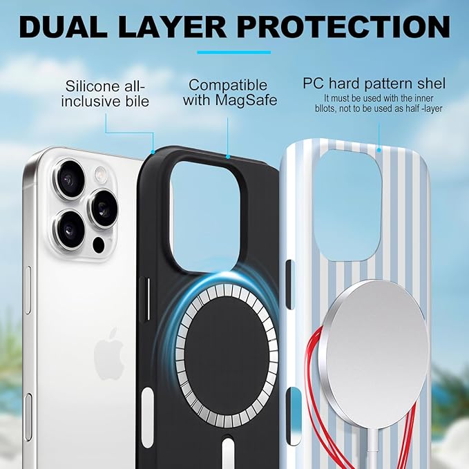 Magnetic for iPhone 14 Pro Case Cute Blue Heart Stripes Phone Case, Love Shockproof Slim TPU and Hard PC Protective Phone Cover Compatible with MagSafe Designed for Women Girls