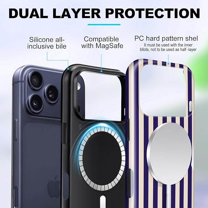 Magnetic for iPhone 17 Pro Case Cute Stripes Phone Case, Shockproof Slim TPU and Hard PC Protective Phone Cover Compatible with MagSafe Designed for Women Girls, Deep Purple
